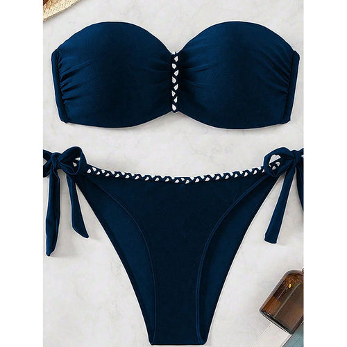 Colorful Strap Bikini Swimwear for Women, Pure Color Crop Top with Adjustable Straps, Beach Swim Suit,