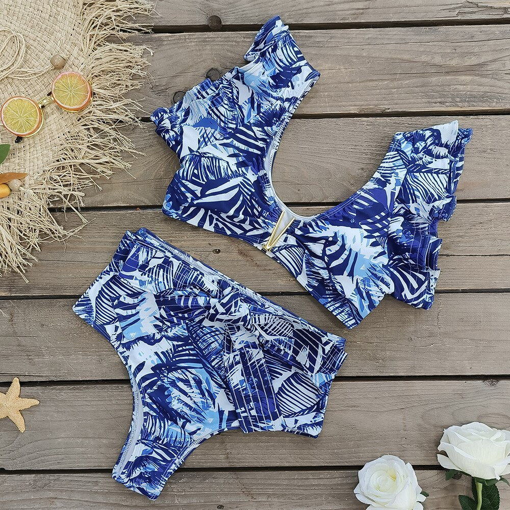 The Sapphire Palm Ruffled Bikini & Sarong Set