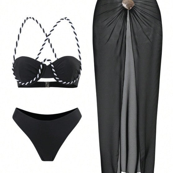 Thin shoulder strap tied vacation sexy beach three piece bikini swimsuit