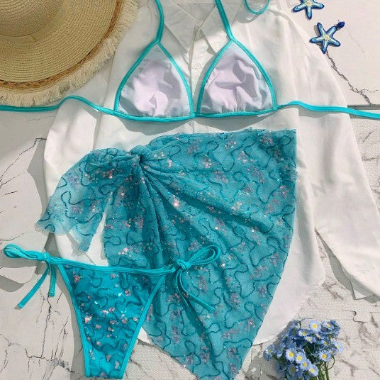 Ladies' Blue sequin thin shoulder strap three piece bikini swimsuit