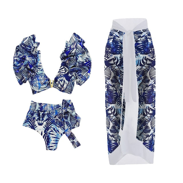 The Sapphire Palm Ruffled Bikini & Sarong Set