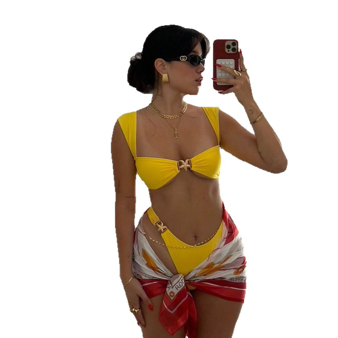 Metal Decorative Bikini Swimsuit Solid Color Wide Shoulder Strap Sexy Split Swimsuit