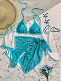 Ladies' Blue sequin thin shoulder strap three piece bikini swimsuit