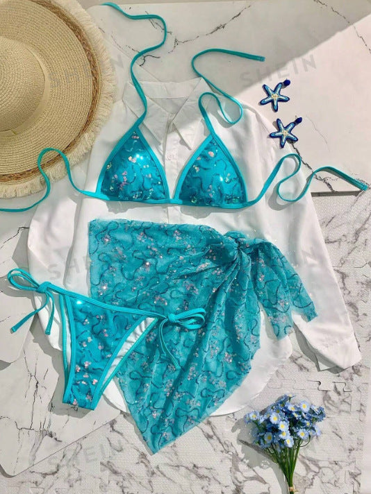 Ladies' Blue sequin thin shoulder strap three piece bikini swimsuit