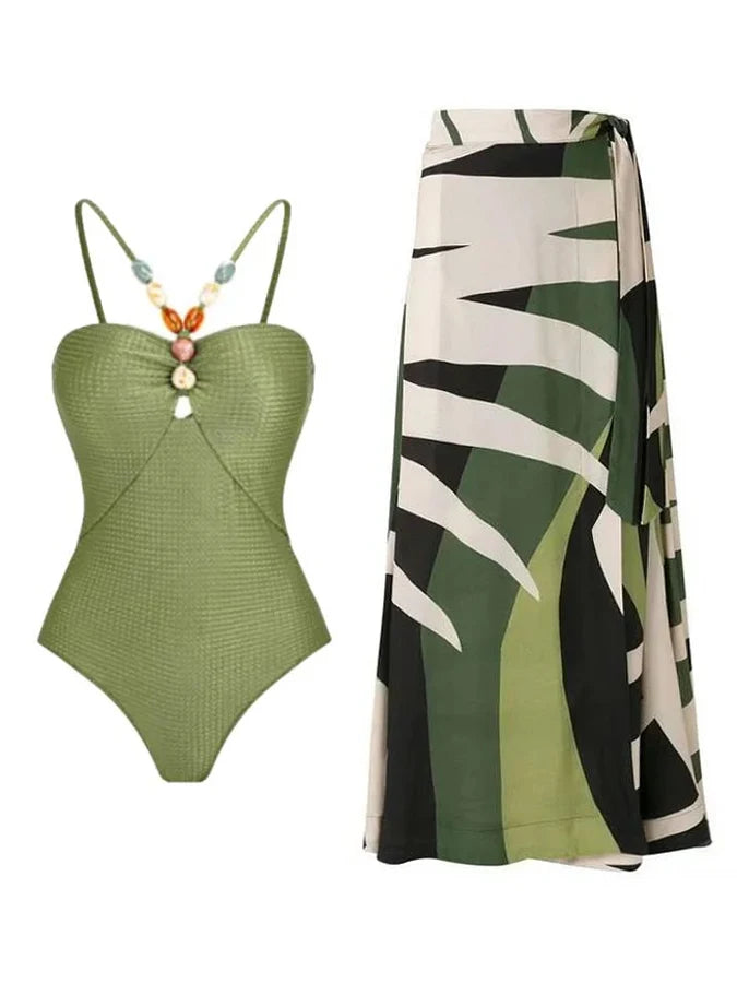 The Barbados Leaf-Print Swimsuit & Sarong Set