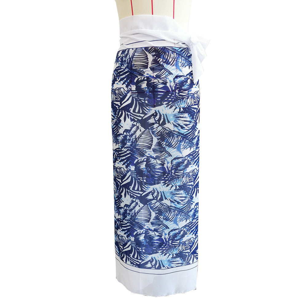 3 Piece Ruffled Bikini Set Women Blue & White Tropical Leaf Print