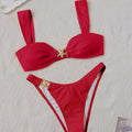 Metal Decorative Bikini Swimsuit Solid Color Wide Shoulder Strap Sexy Split Swimsuit
