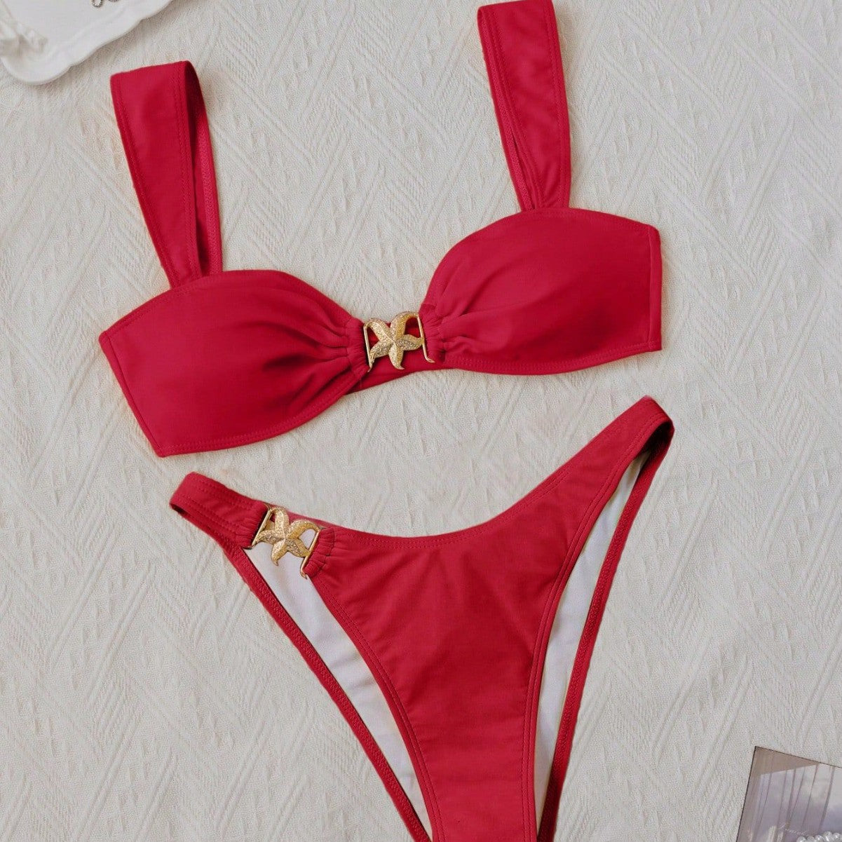 Metal Decorative Bikini Swimsuit Solid Color Wide Shoulder Strap Sexy Split Swimsuit