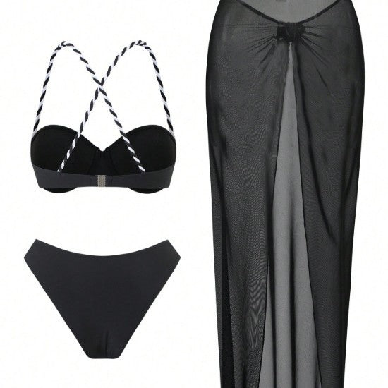 Thin shoulder strap tied vacation sexy beach three piece bikini swimsuit