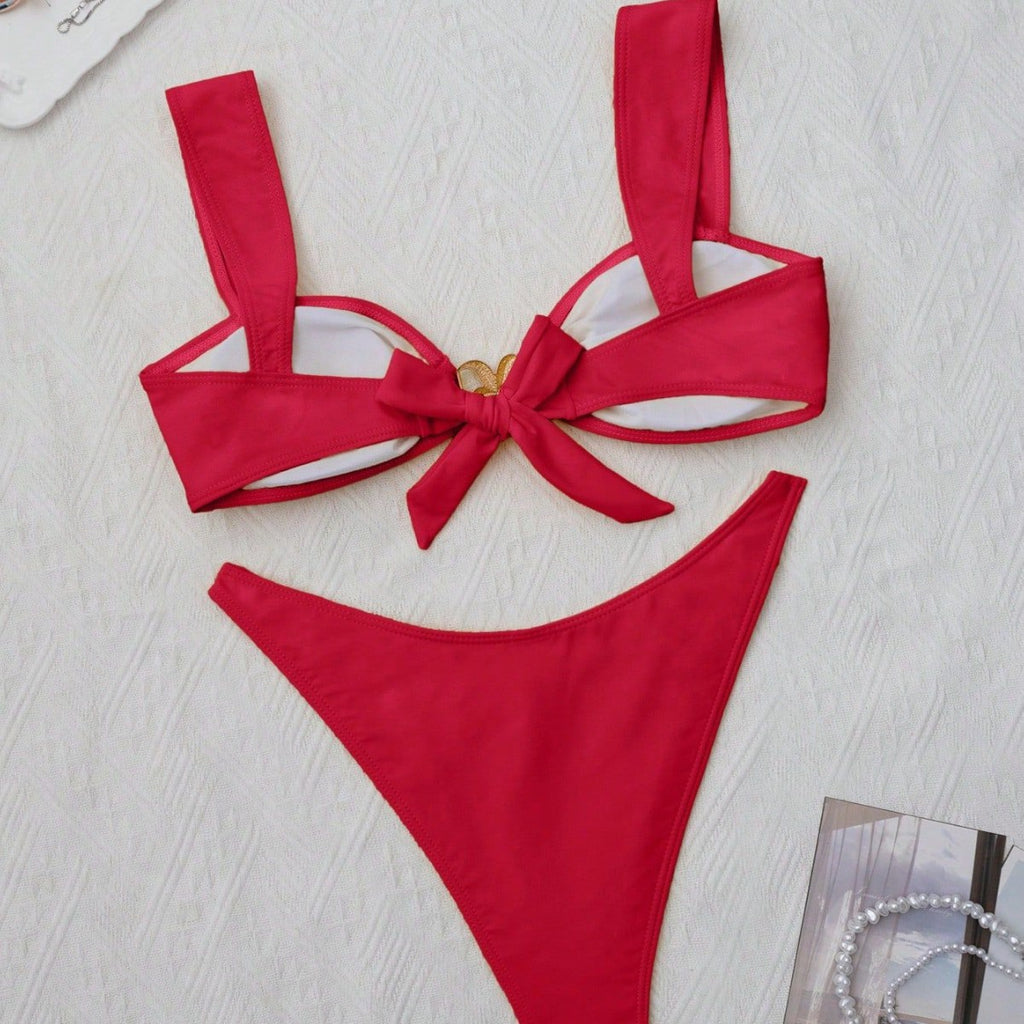 Metal Decorative Bikini Swimsuit Solid Color Wide Shoulder Strap Sexy Split Swimsuit